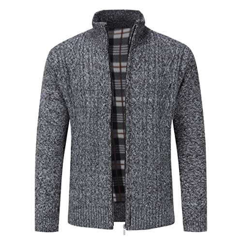 Image of Sliktaa Mens Knitted Cardigan Thick Sweater Full Zip Wool Stand Collar Cardigans Coat Fleece Lined Long Sleeve Cardigan, Dark Grey, XL