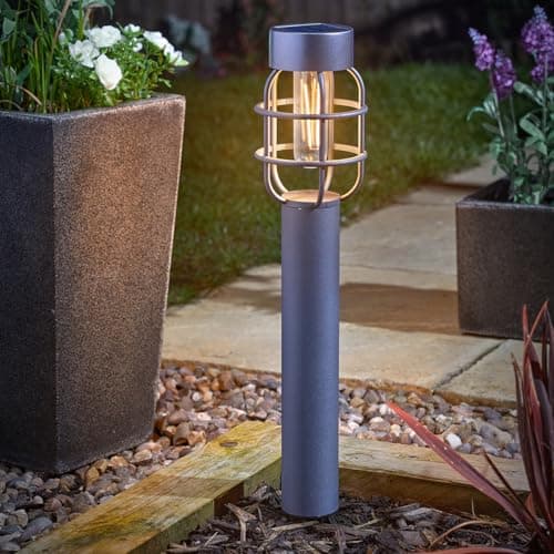 Image of Set of 2 Solar Powered Anglia Caged Stake Lights – Weather Resistant Outdoor Garden LED Lighting with 365 Day Illumination for Lawn, Patio, Decking, Pathway, Border, Balcony, Yard – H59cm, Grey