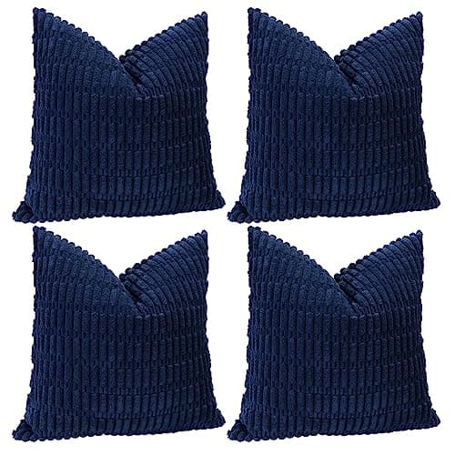 Image of Sungeek Set of 4 Soft Corduroy Decorative Cushion Covers 60x60cm Square Striped Throw Pillow Covers 24x24 Inch for Sofa Couch Living Room Patio Farmhouse Boho Home Decor Pillowcases (Navy Blue)