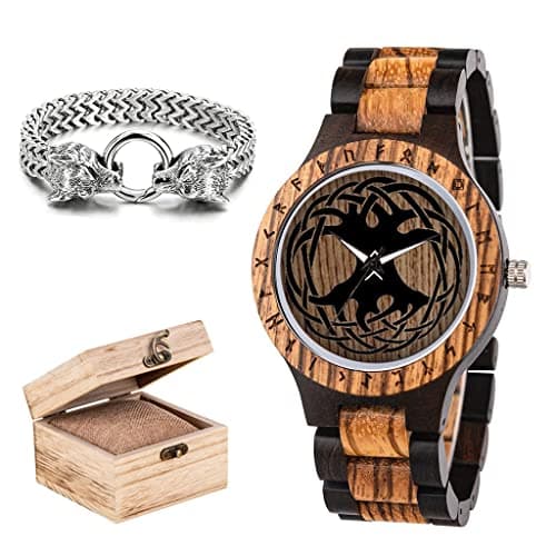 Image of Tree of Life Viking Wooden Watch, Handmade Norse Symbols Yggdrasil Engraved Analog Quartz Wooden Watch, Great Gifts for Men