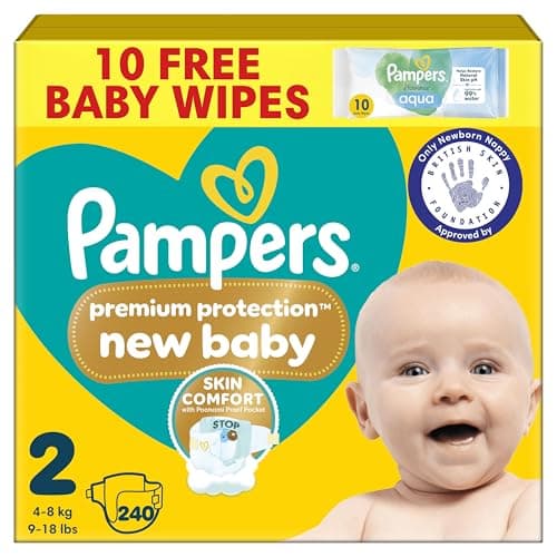 Image of Pampers Premium Protection New Baby Size 2, 240 Nappies, 4kg-8kg, Monthly Pack, The Only Newborn Nappy Approved by British Skin Foundation