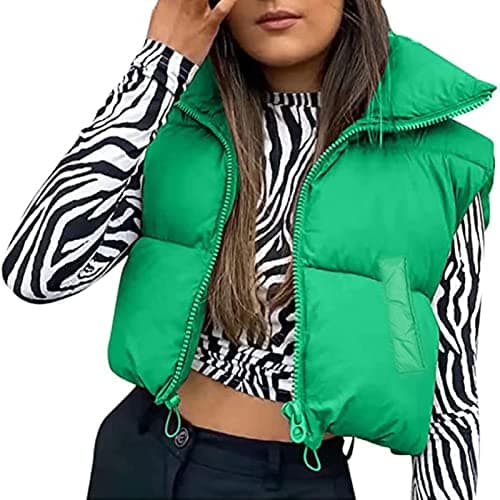 Image of FeMereina Women 's Lightweight Puffer Vest Stand Collar Zip Up Sleeveless Reversible Padded Winter Crop Vest Gilet (Green#1, L)