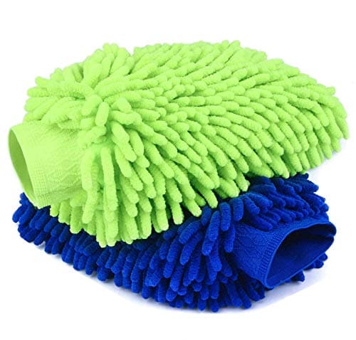 Image of 2 Pack Large Size Navy Blue Car Wash Mitt, Premium Chenille Microfiber Lint Wash Glove, Scratch-Free Chenille Car Cleaning Mitt (blue-yellow)