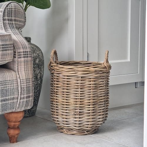 Image of Handwoven Natural Wicker and Rattan Storage Basket with Handles - Small Round Log Basket for Plants