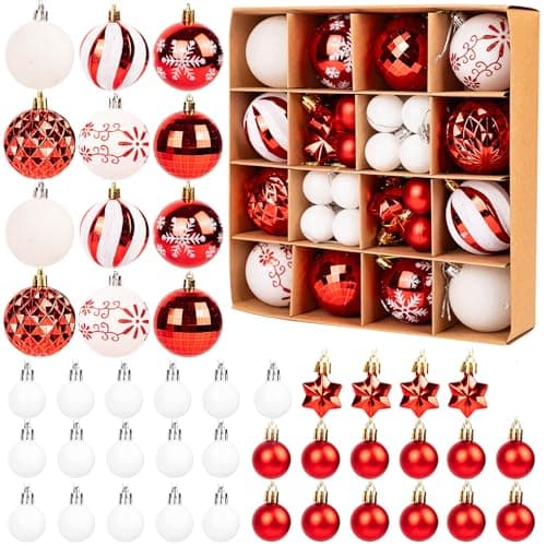 Image of 44Pcs Christmas Baubles Set, Red and White Christmas Tree Decorations, Shatterproof Xmas Balls and Ornaments for Hanging, Festive Holiday Home Decor, Classic Christmas Decorations Set for Xmas Tree