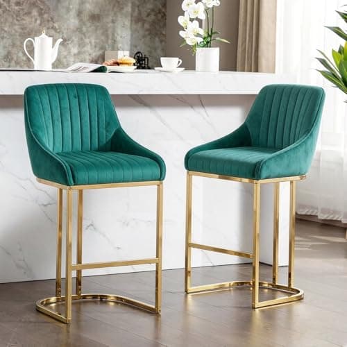 Image of Warmiehomy Bar Chairs Set of 2 Kitchen Breakfast High Bar Stools with Back Upholstered Velvet Barstools for Kitchen Counter, Dining Room, Pub, Bistro, Shop, Green