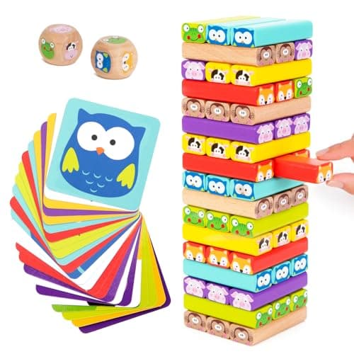 Image of Nene Toys 4-in-1 Wooden Tumble Tower Game with Animals & Colors - Family Game for Kids Ages 3-9 - Cognitive Skills Booster, Educational Board Game for Children - Gift for Boys Girls 3+ years
