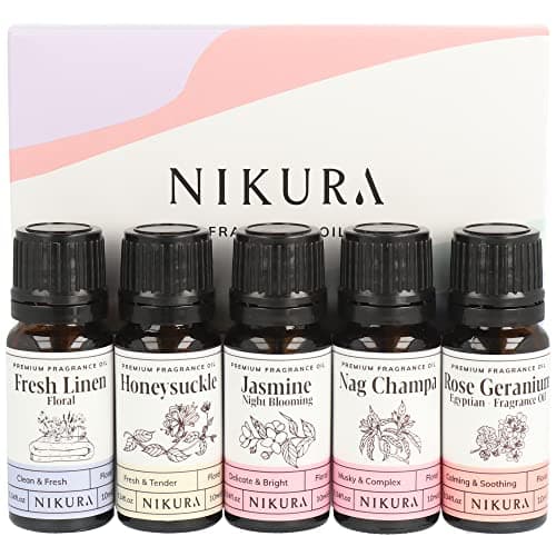 Image of Nikura Floral Meadows Fragrance Oil Gift Set | Diffuser Oils for Oil Burners, Home, Diffusers |Candle Making, Soap, Wax Melts, Yoga, Car, Perfume, Bath Bomb | 5 x 10ml | UK Made Essential Oils