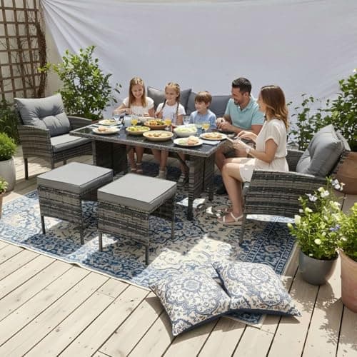 Image of BIRCHTREE Garden Rattan Furniture Set 7 Seater Outdoor Dining Set with Glass Top Table, 3 Seater Sofa, 2 Armchairs & 2 Stools, With Cushion, Luxury Patio Sofa Set Grey