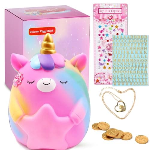 Image of Unicorn Coin Bank Jar for Girls,Ompinda Unbreakable Resin Cute Rainbow Unicorn Saving Piggy Bank Momeny Jar with DIY Stickers and Unicorn Necklace Unique Girl Gifts for Birthday,Home Decoration (B)