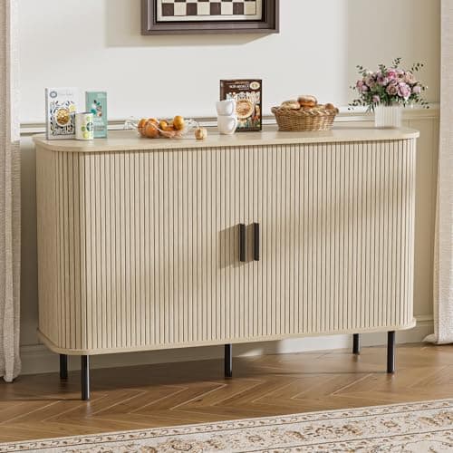 Image of BonVache Sideboard Cabinet, Buffet Storage Cabinet, Kitchen Cupboard with Tambour Sliding Door, Storage Unit for Living Room Home Dinning Room Modern,Beige