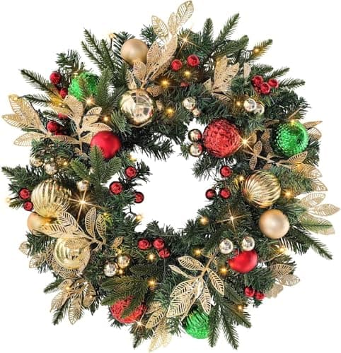 Image of Taylor & Brown 60cm Pre-Lit Artificial Christmas Xmas Wreath Battery Operated 35 LED Lights with Gold, Green, and Red Ornaments, Glittering Gold Leaf Steams for Front Door Holiday Home Decorations
