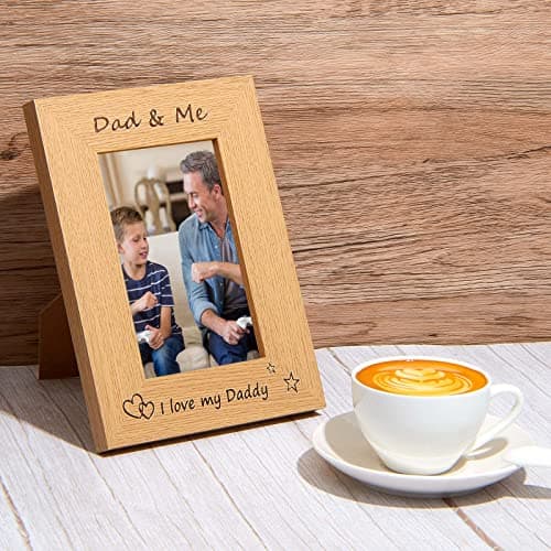 Image of Patelai Wooden Dad Photo Frame 4 x 6 Inch Christmas Photo Gifts for Dads I Love My Dad Portrait Daddy and Me Wooden Memorial Picture Frame with DIY Heart Embellishments for Father's Day Birthday Gift