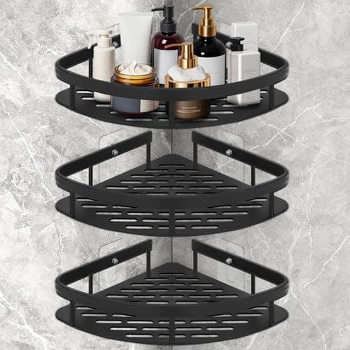 Image of Suimlmta 3 Pack Corner Shower Caddy, No Drill Shower Shelf Organiser Black Aluminum Bathroom Shelves Wall Mounted Storage Basket Rack Fit for Showers Toilet Dorm Kitchen