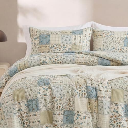 Image of Herside Blue Patchwork Floral Bedding Set Double Size 100% Cotton Duvet Cover Set Botanical Quilt Cover All Season 3 Pieces Soft Boho Cotton Bedding Set for Girls Adult(Blue Patchwork, Double)