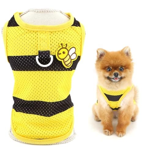 Image of SMALLLEE_LUCKY_STORE Cool Mesh Dog T-shirt for Small Dogs Striped Pet Tank Top with D-ring and Bumble Bee Puppy Vest Shirt Lightweight Breathable Chihuahua Yorkie Cat Apparel, Yellow, M
