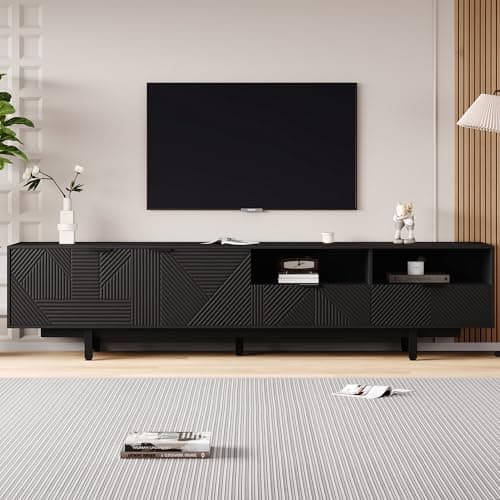 Image of FammyLoft 200cm TV Unit, Modern Bohemian TV Stand Unit with 2 Drawers and 2 Doors, Geometric Lines Entertainment Unit for Living Room, Multiple Storage Spaces, Black