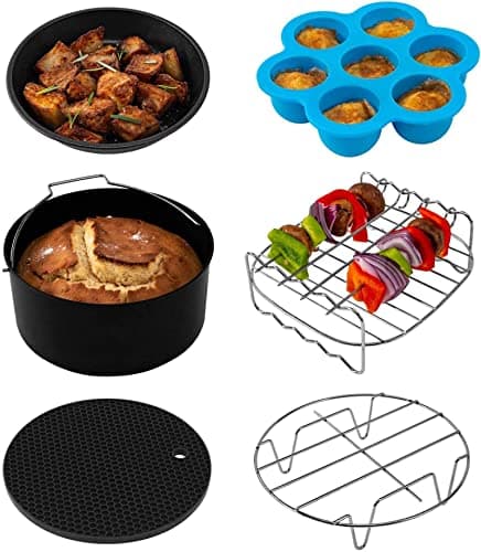 Image of COSORI Air Fryer Accessories Set, Fit All of Brands 3.5 L, Pack of 6 Including Cake Pan/Pizza Pan/Metal Holder/Multi-Purpose Rack with Skewers/Silicone Mat/Egg Bites Mold with Lid