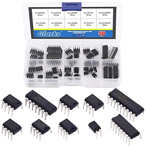 Image of Glarks 50Pcs 10 Types Integrated Circuit Chip IC Chips Assortment Kit, opamp, Single Precision Timer, pwm, Including LM324 LM358 LM386 LM393 UA741 NE5532 NE555 PC817 ULN2003 ULN2803