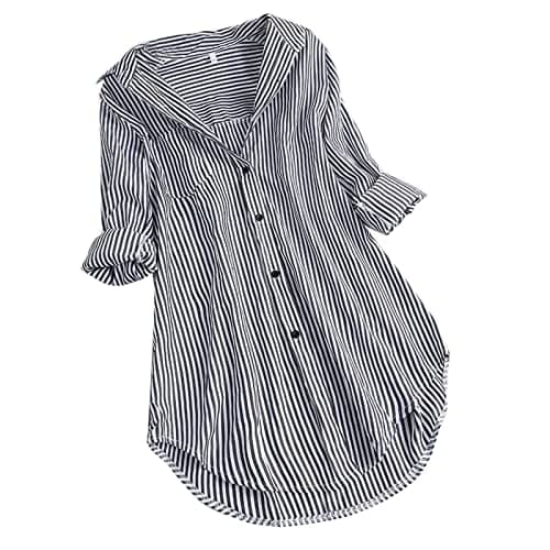 Image of Striped Shirts for Women UK,Red and White Striped Button up Shirts Cuffed Sleeves Loose Fit Blouse Roll Up V Neck Casual Summer Tee Tops Ladies Tunic Blouses for Work Office Plus Size 20-22