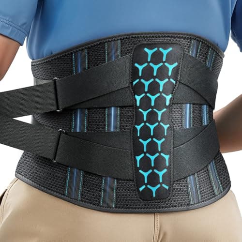 Image of Rakiie Back Support Belt for Lower Back Pain Relief with 7 Stays, Adjustable Back Brace Support for Work, Heavy Lifting, Lumbar Support Belt for Sciatica Scoliosis (Blue, XL)