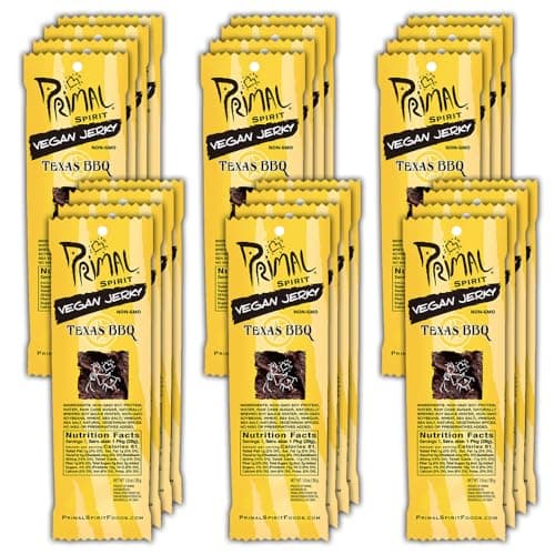 Image of Primal Spirit, Vegan Meatless Jerky Strips - High Energy, High Protein, Non-GMO, 93% Fat-Free Snacks, Vegan Jerky - 28g, Pack of 24 Texas BBQ Flavour