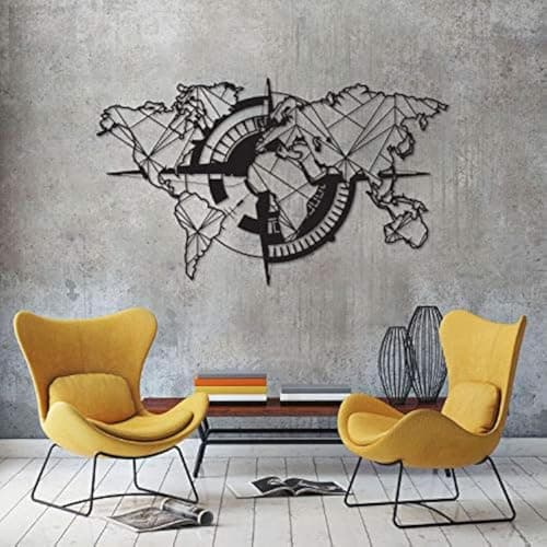 Image of Tubibu Modern Metal Wall Art, 100% Metal - Metallic World Map, Size 22.8" x 39.4", Map of Life, Metal Wall Art, World Map and Compass Themed Wall Decor, Home Gift, Wedding Gift (Black)