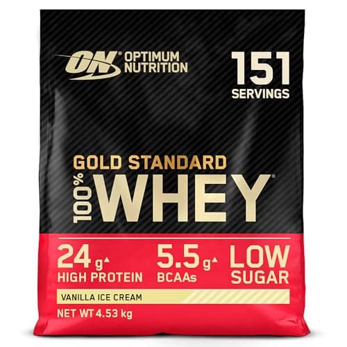 Image of Optimum Nutrition Gold Standard 100% Whey Muscle Building and Recovery Protein Powder with Naturally Occurring Glutamine and BCAA Amino Acids, Vanilla Ice Cream Flavour, 151 Servings, 4.53 kg