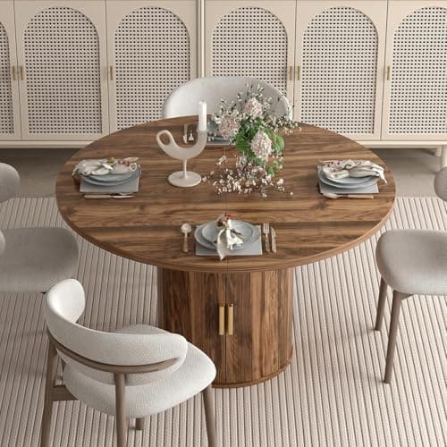 Image of LNRLZYLS 110-150cm Extending Round Dining Table with Hidden Storage Base, All-Wood Style Pedestal Table for 4-6 People, Modern Walnut Grain Kitchen Table, Space-Saving Circular to Oval Design (Round)