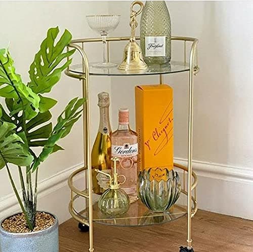 Image of spot on dealz® Drinks Trolley Kitchen Island Bar Cart Trolley Serving Cart With Two Glass Shelves Gold Mini Bar Table Four Plastic Castor Wheels Flat Pack Item