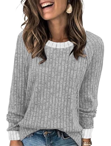 Image of WIHOLL Long Sleeve Tops Women Lightweight Jumpers Ladies Color Block Sweatshirts Casual Womens Tops Size 22-24 Grey