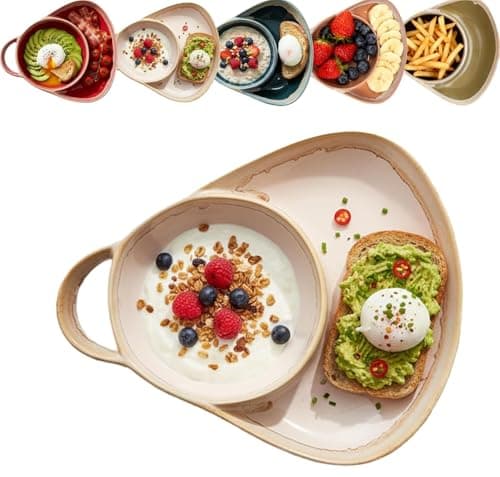 Image of HoldOneLight 2-in-1 Retro Ceramic Serving Bowl with Handle | Soup & Sandwich Combo Plate, Microwave & Dishwasher Safe Cereal & Salad Bowl (Apricot)