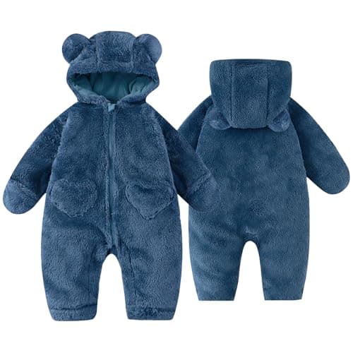 Image of Fohuanky Newborn Baby Bear Pramsuit Warm Fleece Hooded All-in-One Snowsuit Winter Romper for Boys & Girls 0-12 Months (Blue, 9-12 Months)