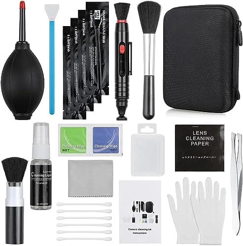 Image of Professional Camera Cleaning Kit with Blowing Bottle, Cleaning Solution, Lens Cleaning PEN, Cleaning Brush, Cleaning Swabs, Cleaning Cloth, Gloves in a Storage Box