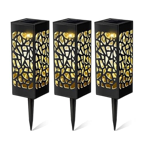 Image of GEEZY Pathway Solar Stake Lights Set of 3 – Warm White LED, Black, Auto On/Off, Weather & Water Resistant, Long Lasting Battery – Solar Garden Ornaments for Outdoor Path, Lawn, Driveway, Patio