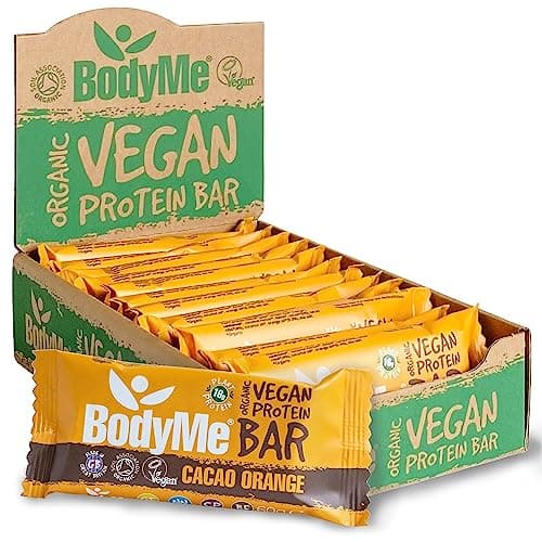 Image of BodyMe Organic Vegan Protein Bar | Raw Cacao Orange | 12 x 60g Protein Snack Bars | Gluten Free | 16g Complete Protein | 3 Plant Proteins with All Essential Amino Acids | High Protein Vegan Snacks
