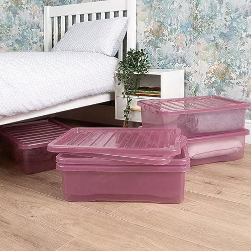 Image of Wham Crystal 5 x 32L Stackable Plastic Storage Boxes with Lids | Ideal for Home, Office, Toys & More | Medium Boxes | Made in UK - Dusky Orchid