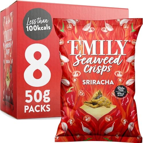 Image of EMILY Seaweed Crisps Sriracha Flavour | Healthy Nori Snack | Iodine, High Fibre | Gluten-Free, Vegan Friendly | Snacking & Parties | Abakus | 8 x 50g Packs