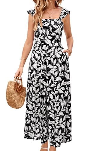 Image of LAISHEN Jumpsuits Women Ruffle Sleevelesss Playsuits Square Neck Smocked Wide Leg Overalls with Pockets (Floral-A,XL)