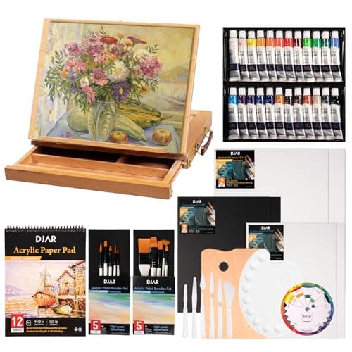 Image of DJAR 49 pcs Acrylic Paint Set with Tabletop Easel Box, 24 Acrylic Paint Colours, Sketchbook, Canvas Panels, Complete Art Supplies Kit for Adults, Teens and Beginners