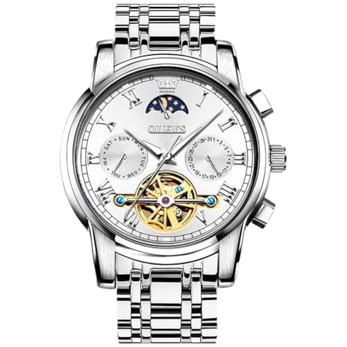Image of OLEVS Men's Watches Mechanical Silver Stainless Steel Automatic Chronograph Gent's Watch, Waterproof Blue Dial with Date Business Luxury Watches Gift for Men