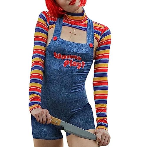 Image of CocMouse Halloween Costumes for Women Scary Nightmare Killer Doll Costume Halloween Doll Clown Costume Sexy Cosplay Jumpsuit (Blue, M)