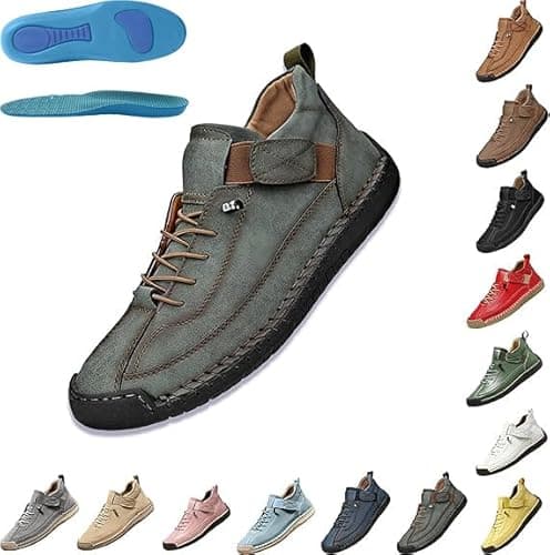 Image of Women's Handmade Leather Orthopedic Comfy Shoes Men Casual Lightweight Non-Slip Walking Loafers Retro Flat Boat Sneakers (Army Green, Adult, Women, 5.5, Numeric, UK Footwear Size System, Medium)