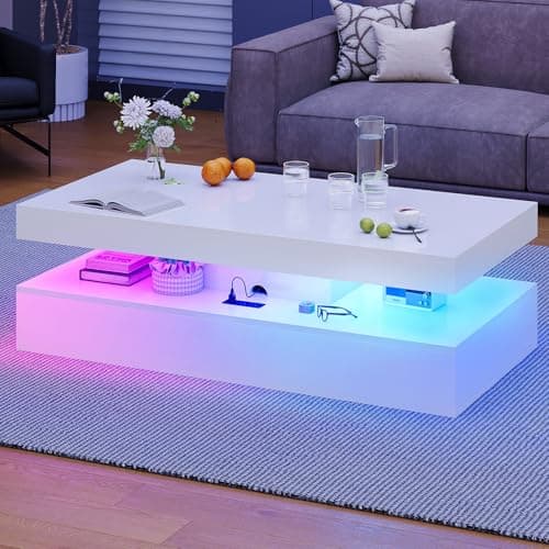 Image of Nordivale Modern Coffee Table with LED Lights, 2 Drawer Storage, Wooden Coffee Table with Charging Station, USB Ports & Power Outlet, Rectangle Coffee End Table for Home, Office & Living Room - White