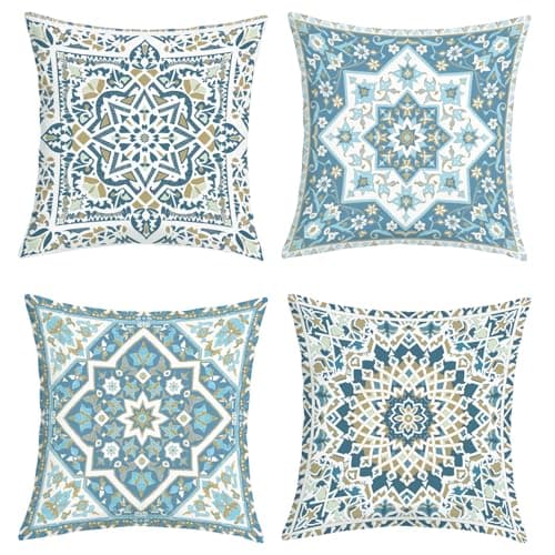 Image of Joymaison Boho Oriental Blue Mandala Floral Cushion Covers 45 x 45 Pack of 4 Vintage Geometric Moroccan Flower Square Throw Pillow Case Decorative Sofa Cushion with Invisible Zipper