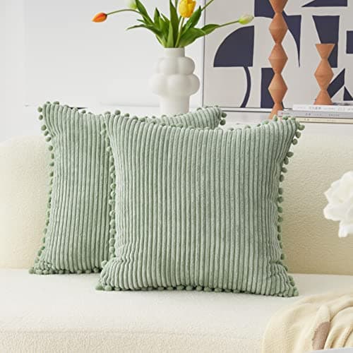 Image of Home Brilliant Pom-poms Cushion Covers Set of 2 Soft Corduroy Cushions Decorative Boho Cushion Covers for Sofa Bed Couch, 45x45 cm, 18 inches, Sage Green