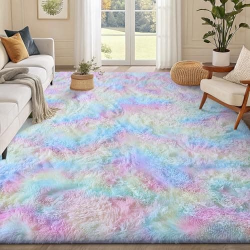 Image of smiry Rugs Living Room 60x100cm, Area Rugs for Bedroom, Machine Washable Anti Slip Soft Fluffy Shaggy Tie-dye Floor Carpet for Kids Girls and Boys, Nursery Room, Rainbow