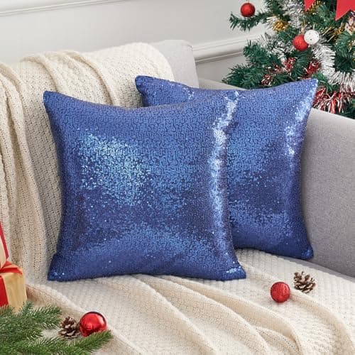 Image of Uxcell 2 Pack Sparkly Sequin Cushion Covers, Luxury Glitter Throw Pillow Cases for Sofa Living Room, Shiny Decorative Square Pillowcases Dark Blue 40 x 40 cm