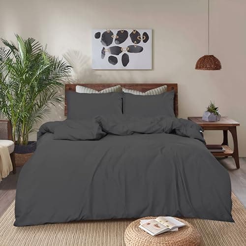 Image of REHAN & CO Double Duvet Cover Sets – Soft Brushed Microfiber Bedding – Plain Quilt Cover With Pillow Cases (Charcoal Grey)