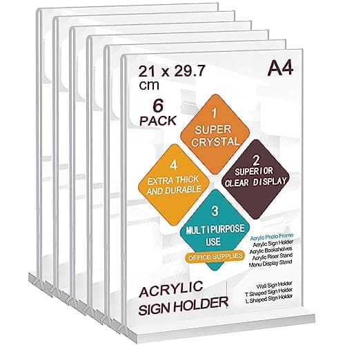 Image of ROSSHINE A4 Acrylic Sign Holder, 6pack T-Shape Double-Side A4 Perspex Display Stand, Clear Poster Menu Holders for Office Shop Restaurant School